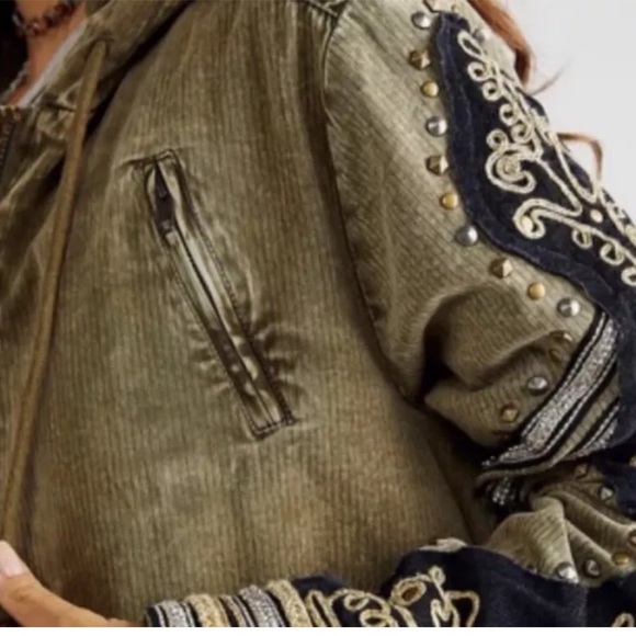 Free People Golden Quills Military Parka Hooded Embellished Sleeves Olive Army - Picture 6 of 9